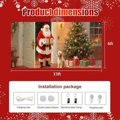 HOMETITUTE 13x6ft Christmas Garage Door Banner Santa with Dog Scene, Red Green Warm Light Backdrop Outdoor Indoor Xmas Wall Background Decor for Winter Holiday Porch Yard Seasonal Display