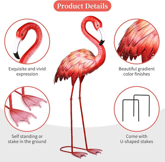 Shorayn Pink Flamingo Garden Statue Outdoor Decor Metal Yard Art Lawn Ornaments for Backyard Pond Patio Porch Outside Decorations,Large Size