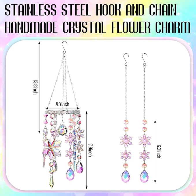 Suncalla 3 Pcs Winter Snowflake Suncatchers Winter Crystal Sun Catchers Snow Flake Hanging Suncatcher Wind Chime with Chain Rainbow Indoor Outdoor Window Christmas Decor