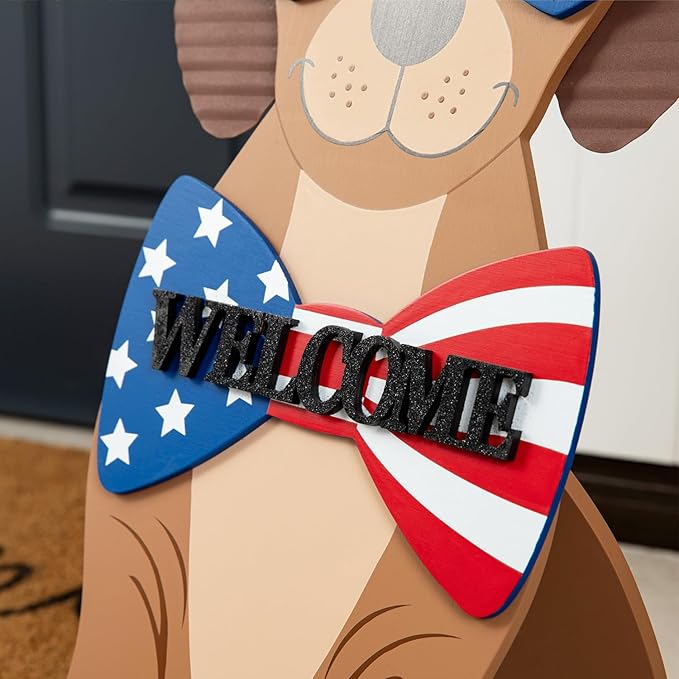 Glitzhome 30"H Patriotic Porch Sign Wooden Americana Labrador-shape Easel Porch Decor Front Door Sign for 4th of July Independence Day Memorial Day Decoration