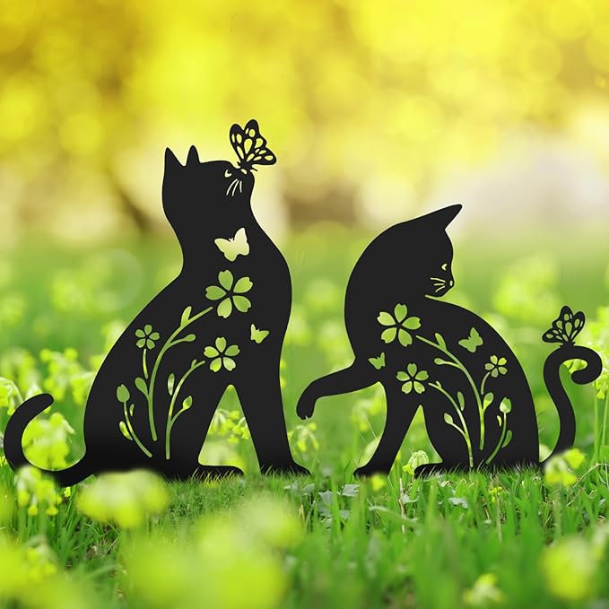 Ouddy Mode 2 Packs Cat Garden Decor for Outside, Cat Gifts for Women/Men/Mom/Grandma, Metal Decorative Garden Stakes for Outdoor Lawn Statues Yard Art