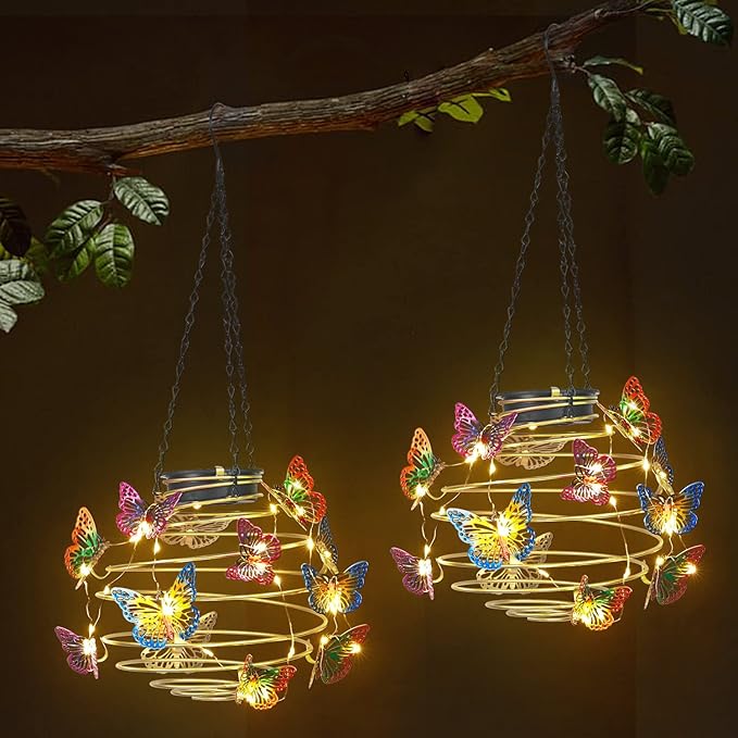 2 Pack Butterfly Solar Lights Outdoor Hanging Lantern with Handle, Solar Powered Butterflies Garden Decor for Outside Patio Yard Porch Pathway Butterfly Gifts for Women (Warm White LED Lights)