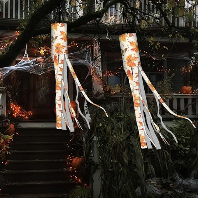 Jeiento Autumn Maple Leaf Fall Pumpkin Windsock 2 Pack Autumn Windsock Flag 40" Fall Thanksgiving Wind Socks Decoration for Home Yard Patio Lawn Garden Tree