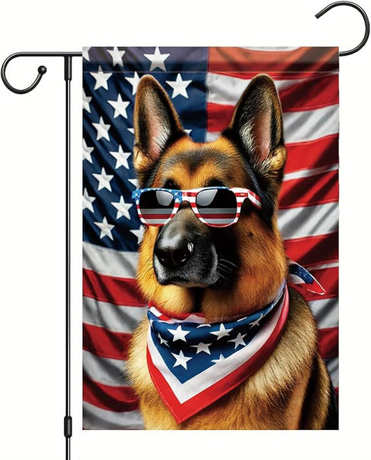 Patriotic 4th of July Garden Flag German Shepherd Dog American Flag Glasses 12x18 Inch Double Sided Seasonal Summer Yard Flag Outdoor Decoration for Porch Lawn Patio Independence Day