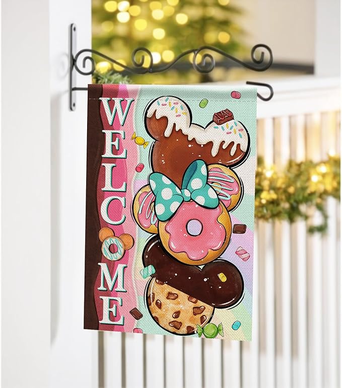 Welcome Cute Donuts Decorative Garden Flag, Pink Sweet Doughnut Chocolate Candy Yard Outside Decorations, Funny Burlap Outdoor Small Home Decor Double Sided 12 x 18