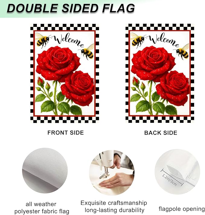 IVN Welcome Garden Flag 12x18 Inch Double Sided Spring Summer Garden Yard Flags Red Rose Flowers Bees Decorative Small Flags for Outdoor Seasonal Front Door Lawn Porch Patio Decor Yard Flag