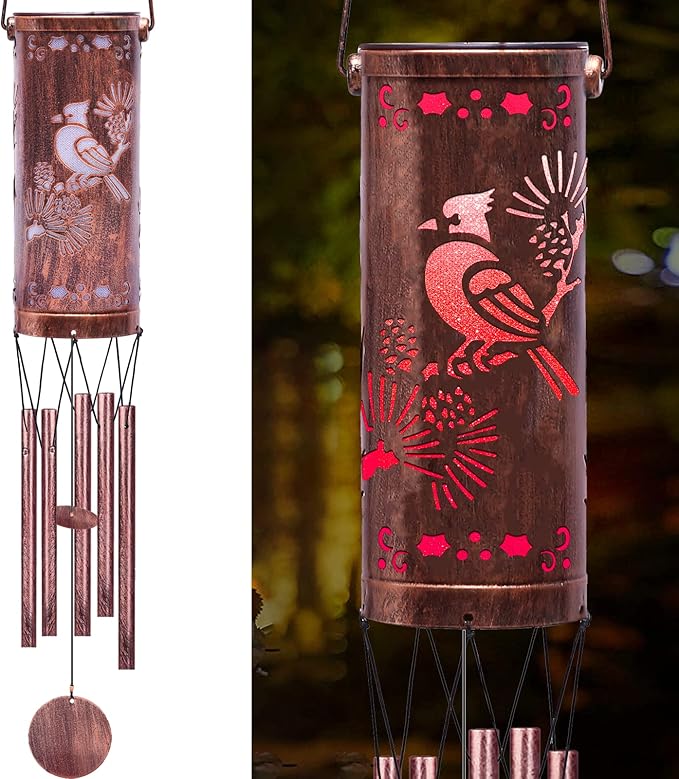 FSVGYY Solar Wind Chimes Hanging Lights Outdoor Metal Wind Chimes Memorial Wind Chime for Garden/Patio Decor Gifts for Women,Grandma,Mom (30" Metal Chimes/Red Bird)