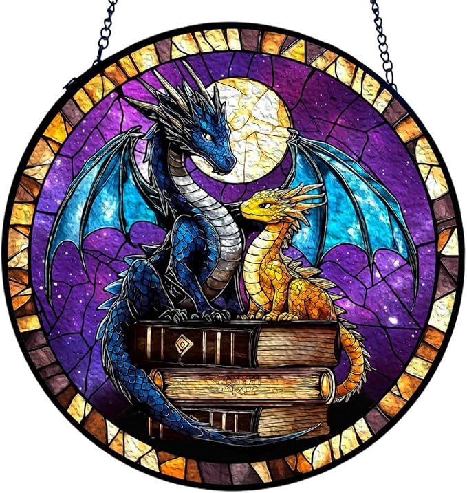 GENANY Dragon Book Stained Glass Window Hanging, Sun Catcher with Metal Chain and Hook, Bookish Gifts for Women Friends Family, Garden Decor, Housewarming Gifts, Outdoor Decor