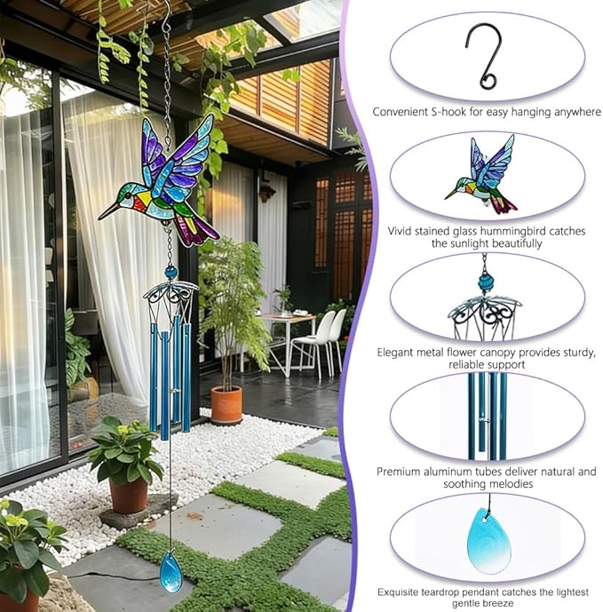 Wind Chimes for Outside, Blue Stained Glass Hummingbird Wind Chime, Deep Tone Memorial Gifts for Women Mom Grandma, Durable Metal Garden Patio Yard Window Decoration