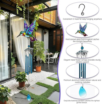 Wind Chimes for Outside, Blue Stained Glass Hummingbird Wind Chime, Deep Tone Memorial Gifts for Women Mom Grandma, Durable Metal Garden Patio Yard Window Decoration