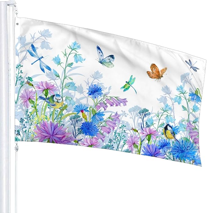 Blue Flower Butterfly Dragonfly Bird Flag 3x5 Ft Outdoor Indoor With Grommet Spring Summer Garden Yard Banner Decorative Sign