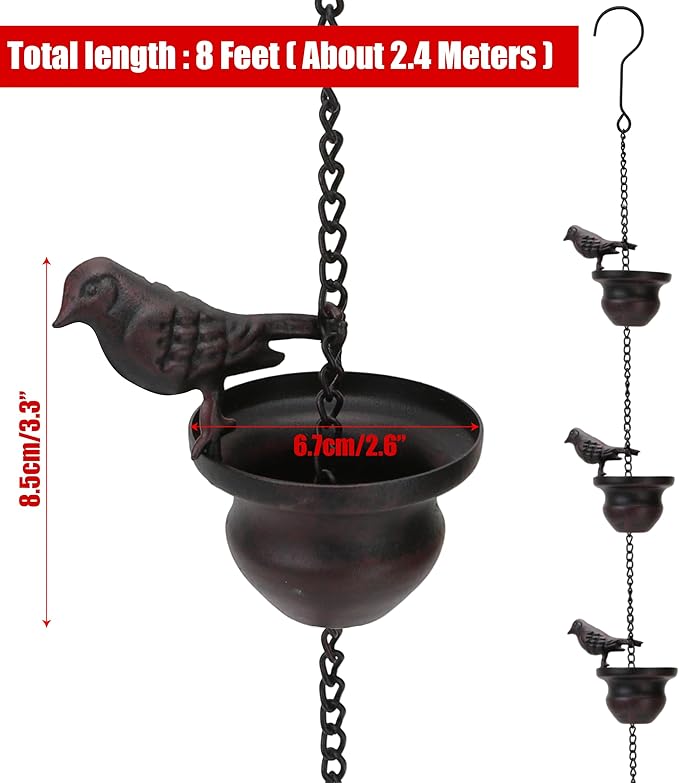 Vintage Bird Shaped Rain Chain Catcher – Decorative Hanging Gutter Chains for Outside Gutters, 8 Feet (About 2.4 Meters) with Attached Hanger, Drain Garden Mobile Birds Steering Wheel, Dark Bronze