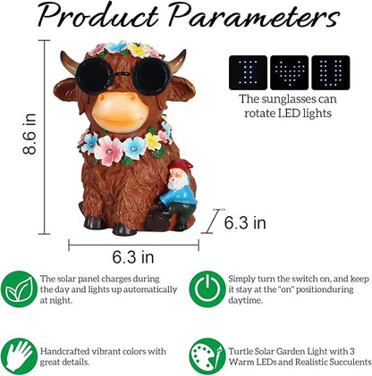 Solar Garden Statues Highland Cattle with Flower and LED Lights Birthday Gifts for Women Mom Grandma Solar Outdoor Decor for Patio Backyard Yard Lawn Decoration-Unique Housewarming Gifts