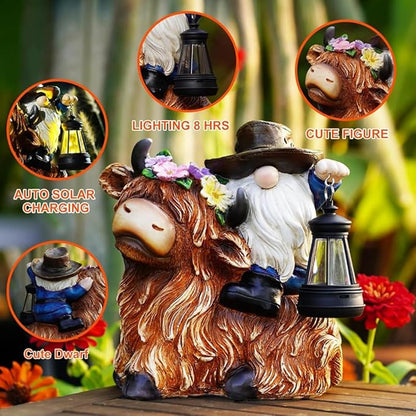 Solar Highland Cow Gnome Garden Decorative Statue - Detachable Lantern - Outdoor Fun Decoration Light Outdoor Decorations for Patio,Yard and Gift for Mom
