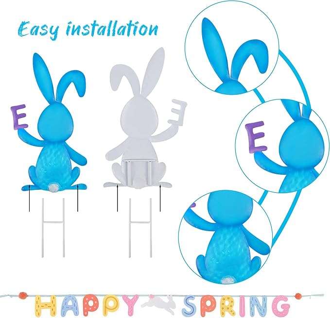 5 PCS Easter Garden Stakes Decoration, Metal Adorable Bunny Yard Signs Holding Easter Spelling Letters for Courtyard Spring Lawn Flowerbed Patio Holiday Outdoor Display