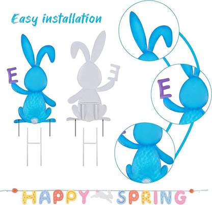 5 PCS Easter Garden Stakes Decoration, Metal Adorable Bunny Yard Signs Holding Easter Spelling Letters for Courtyard Spring Lawn Flowerbed Patio Holiday Outdoor Display