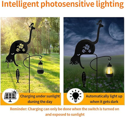 Solar Powered Black cat Fishing Light, Garden Decorative Iron Art Cute cat Fishing Ground Light, Wireless Dusk to Dawn LED Landscape lamp Waterproof.