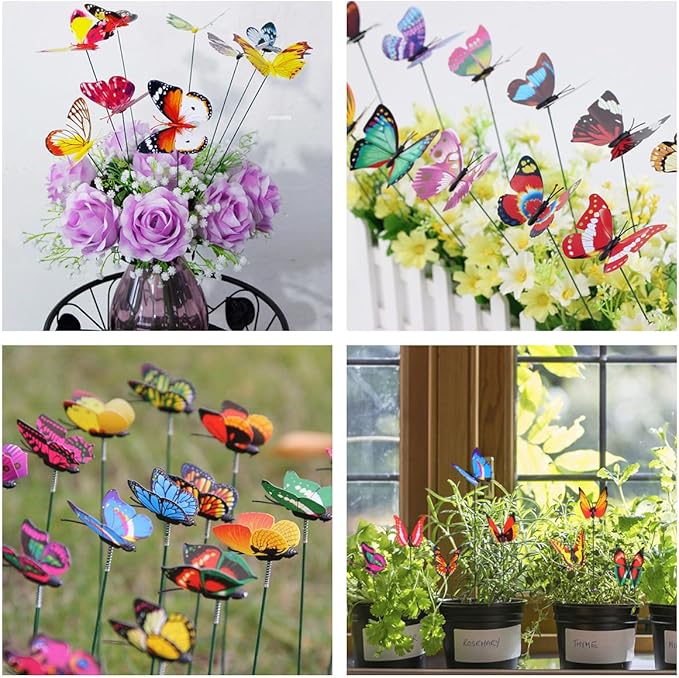 Rikyo 3D Butterfly Garden Stake Decor,10" PVC Butterfly Garden Decor for Outside,Shaking Head Artificial Butterflies for Cake Bouquet Wall Lawn Pathway Plant Pot Flower Bed Yard Decor (50, Pink)