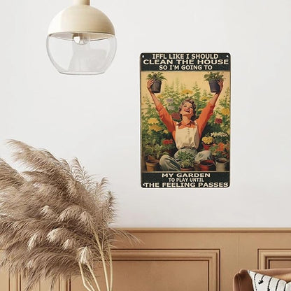 Retro Tin Sign Plant a Garden, Play Until Cleaning Urges Pass. Funny Wall Art Decor for Hippie, Boho, or Garden-Themed Spaces. Perfect Bathroom, Dining Room or Garden Gift. 8x12 Inches