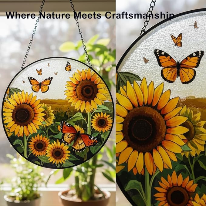 Sunflower Decor Suncatcher,Stained Glass Suncatcher for Window,Originally Designed Butterfly Sun Catchers,7.8" Large Stained Glass Window Hanging,Sunflower Gift for Women