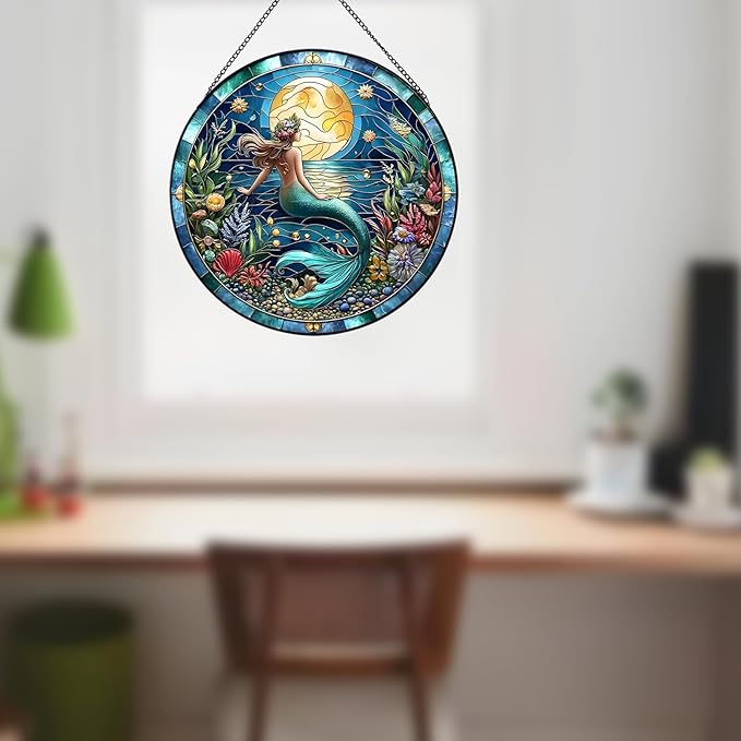 RIVEENY Mermaid Suncatcher Stained, Stained Glass Window Hanging, Mermaid Suncatchers for Windows, Hand Painted Glass for Ocean Lover 20cm/7.87inch