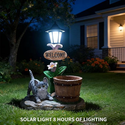 Solar Light Animal Outdoor Statue Planter with Welcome Sign, Resin Garden Sculpture Flower Pot for Patio Lawn Porch Yard Courtyard Decor, Weather-Resistant Decorative Figurine Accent (F)