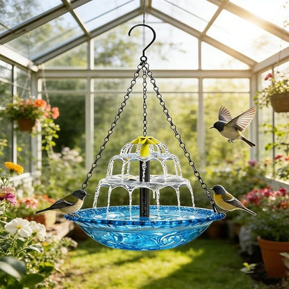 Solar Hanging Bird Bath Fountain - 9 Spray Heads,10FT Cord, 9.3" Blue Bowl with 16'' Metal Chain, Solar Powered Cascading Bubbler for Outdoor Deck, Patio, Yard, Lawn, Attracts Hummingbirds