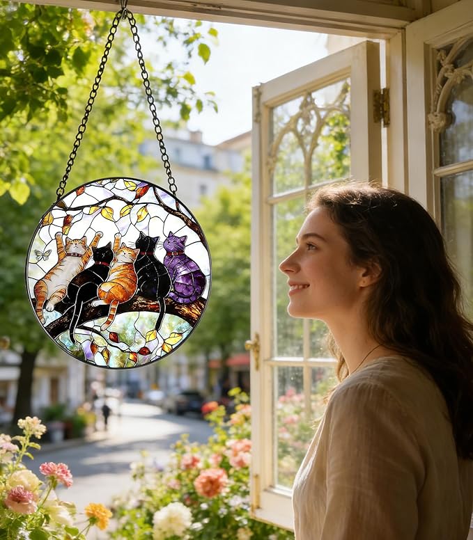 Stained Glass Window Hanging - 5 Happy Kittens on a Branch Suncatcher for Window Doors Home Decoration and Christmas, Mother's Day Birthday Gifts for Women Men Mom 9.8 * 9.8 inch