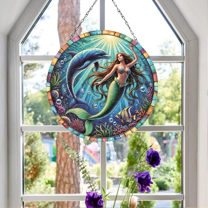 Mermaid and Dolphin Stained Window Hangings – Acrylic Ocean Ornament for Garden, Patio and Indoor Decor, Housewarming Gift for Mom, Grandma and Marine Life Lovers