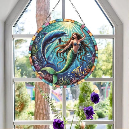 Mermaid and Dolphin Stained Window Hangings – Acrylic Ocean Ornament for Garden, Patio and Indoor Decor, Housewarming Gift for Mom, Grandma and Marine Life Lovers