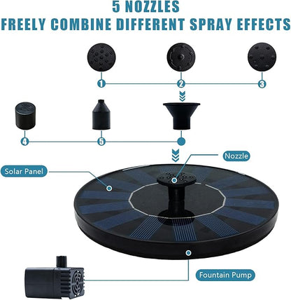 Solar Bird Bath Fountain Pump 6.3" | Floating Solar Fountain with 7V 1.4W Panel | Solar Water Pump for Bird Bath, Pond, Garden & Outdoor Water Features | 5 Spray Patterns