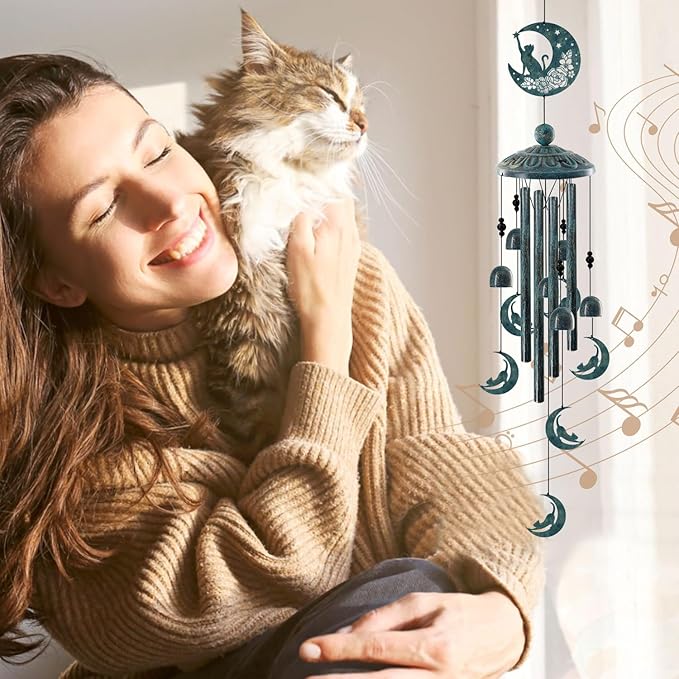 Cat on the Moon Wind Chimes for Outside - 35" Large Metal Windchime with 6 Cat Charms & 4 Tuned Aluminum Tubes - Memorial Pet Sympathy Gift, Verdigris Bronze Garden Decor for Yard, Porch, Patio