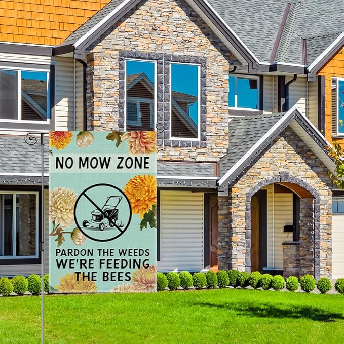 Perfectinsoy No Mow May Zone Sign, Pardon the Weeds We're Feeding the Bees Funny Garden Flag, Pollinator Friendly Yard Banner, Bee Lover Gifts for Gardener, Welcome Yard Farmhouse Spring Outdoor Decor