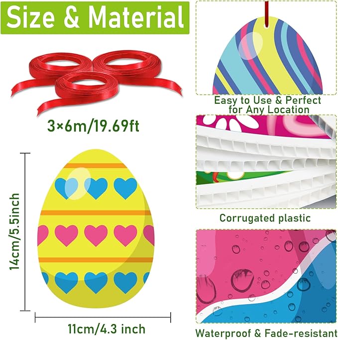16 Pieces Easter Egg Outdoor Hanging Ornaments Easter Outdoor Decorations Happy Easter Hanging Porch & Tree Yard Lawn Decor - Double-Side Printed
