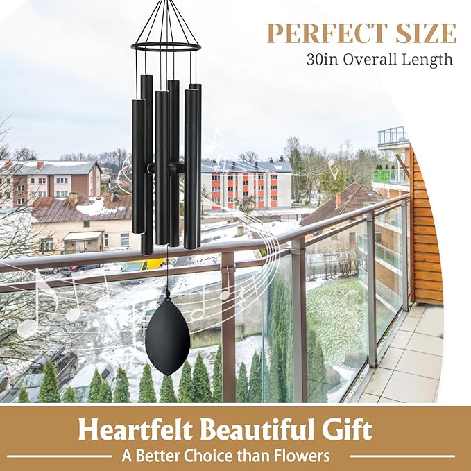 Wind Chimes for Outside Deep Tone, 30 Inch Wind Chimes Outdoor with 6 Tuned Aluminum Tubes, Memorial Wind Chimes for Mother's Day Christmas, Decor for Yard, Patio, Porch, Black