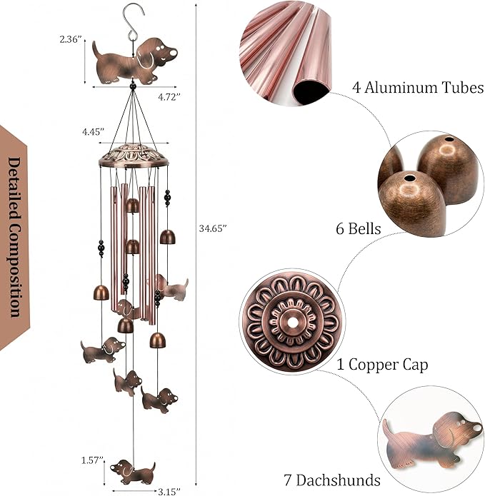 Dachshund Wind Chimes for Outside Wiener Dog Wind Chimes, Memorial Birthday Dachshund Gifts for Women Men, Metal Sausage Dog Wind Chimes for Patio Garden Outdoor Decor