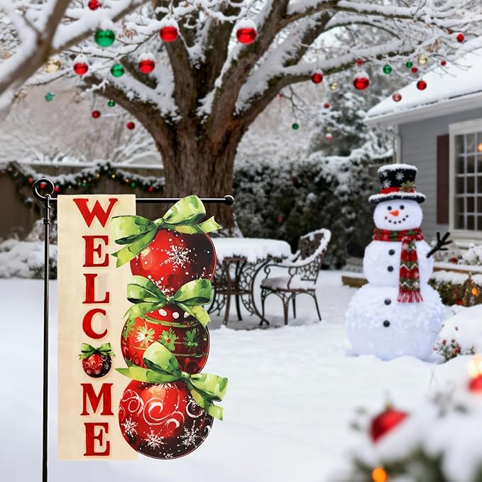Christmas Garden Flags 12x18 Inch Double Sided, Xmas Ball Ornament Welcome Yard Flag for Outside, Winter Seasonal Outdoor Decoration Farmhouse Front Porch Holiday Decor