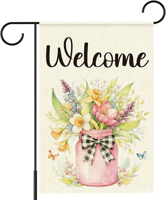 Welcome Spring Garden Flag for Outside,Mason Jar Spring Flowers Garden Flag Yard Lawn Porch Flags for Outdoor Decorations 12x18 Inch Double Sided