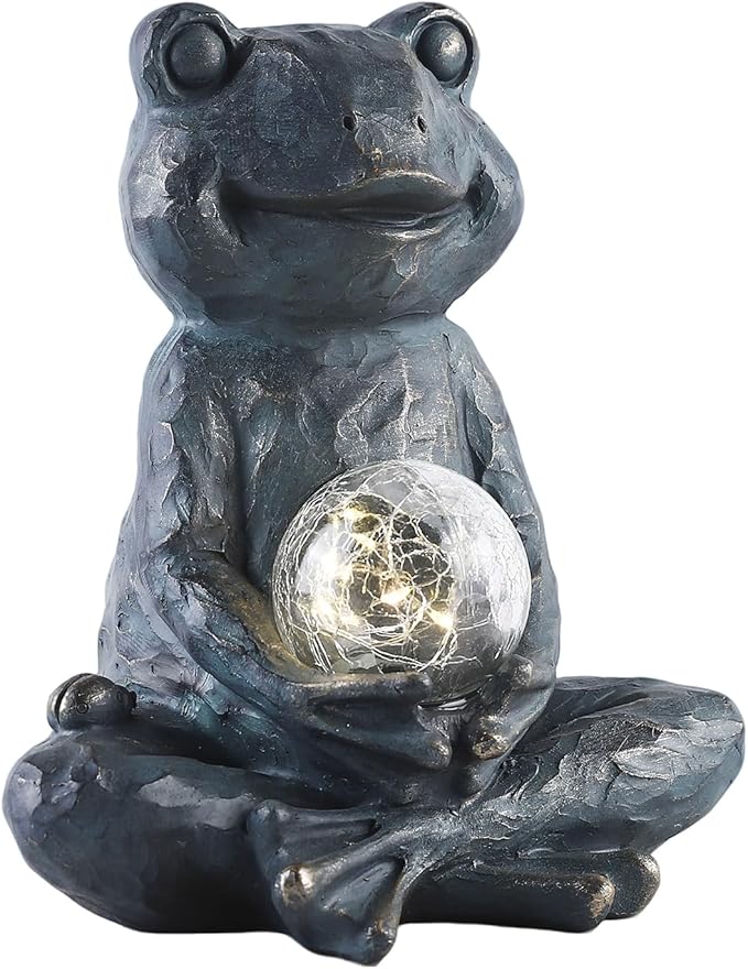 Solar Meditation Frog Garden Statue with Crackle Glass Ball Light, Zen Outdoor Decor, Waterproof Solar Powered Garden Sculpture, 8.7"
