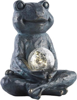 Solar Meditation Frog Garden Statue with Crackle Glass Ball Light, Zen Outdoor Decor, Waterproof Solar Powered Garden Sculpture, 8.7"