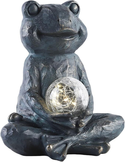 Solar Meditation Frog Garden Statue with Crackle Glass Ball Light, Zen Outdoor Decor, Waterproof Solar Powered Garden Sculpture, 8.7"
