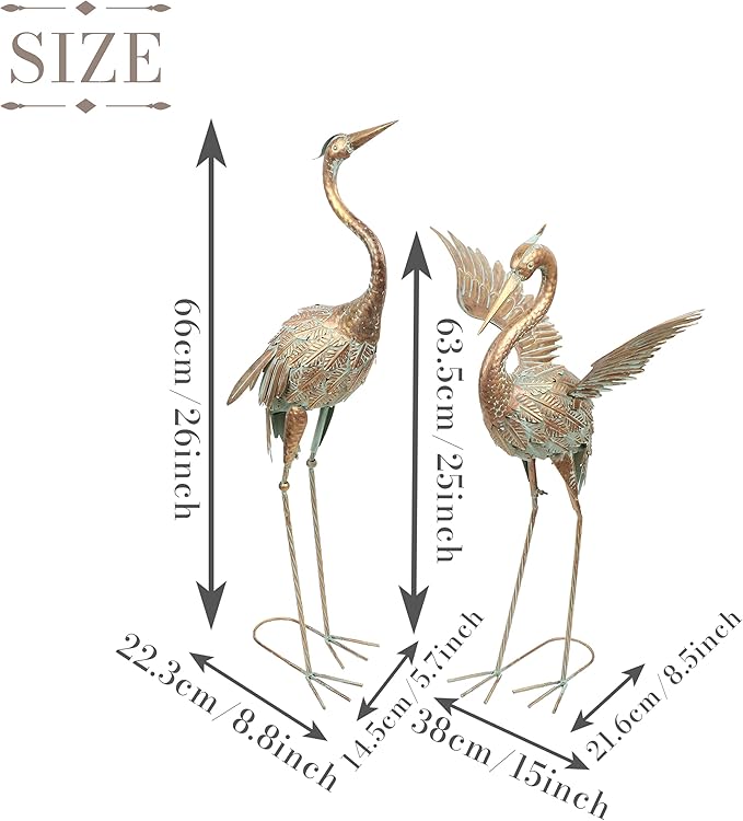 TERESA'S COLLECTIONS Garden Decor, Set of 2 Cranes Garden Decor, 25-26", Elegant Cranes with Golden Painting, Waterproof Metal Garden Statue, Herons Gifts Birthday Gifts for Women Mom
