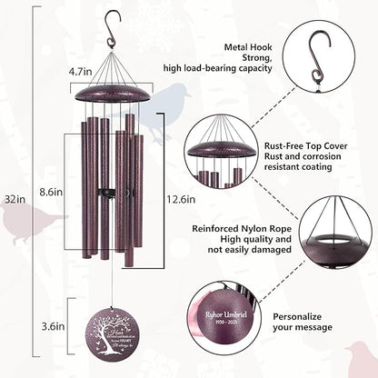 Personalized Engraved Wind Chimes for Loss of Mom Dad, Memorial Deep Tone Wind Chimes Gifts for Outside, Sympathy Gifts for Bereavement Condolence, Produced in USA