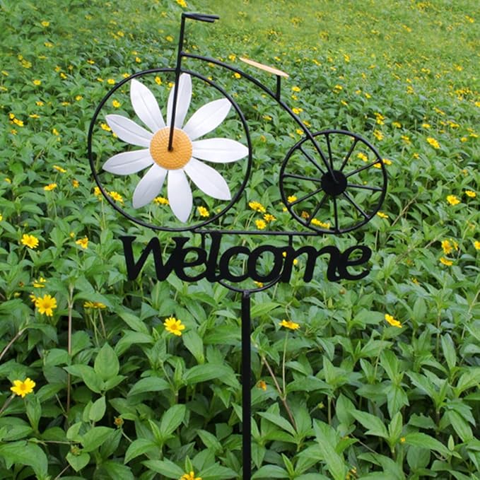 Metal Wind Spinner, 47" Tall Bicycle Wind Sculptures, Daisy Flower Windmill Bike Pinwheel Garden Stake Welcome Sign for Patio Lawn Farm Backyard Decorations