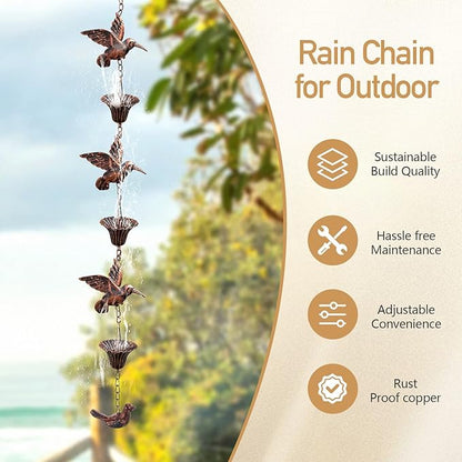 Rain Chain for Gutters,8.5FT Rain Catcher Chain for Outside with 7 Metal Cups & Hummingbird Decor,Adjustable Hanging Rain Hutter Chain Downspout Substitute for Garden Drainage & Eaves (Brown)