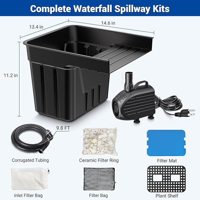 NFESOLAR Pond Waterfall Spillway Kit, Includes Waterfall Box, Filter Media, 1200GPH Water Pump and 10 FT Corrugated Tubing, for Ponds and Streams up to 3,000 Gallons N4332