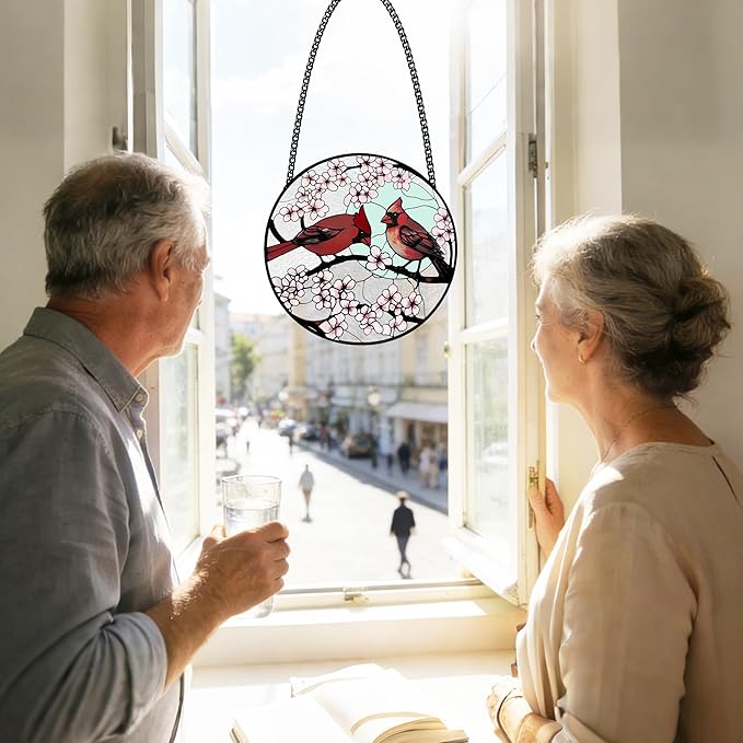 Stained Glass Window Hanging, Cardinal Sun Catcher Glass Panel with Metal Chain, Red Suncatcher Decor for Women, Men, Wife, Aunt, Lovers Birthday 7.8 in