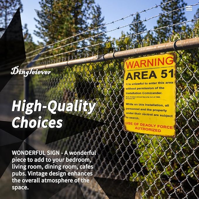 dingleiever Funny Decorations Vintage Warning Area 51 Metal Sign Garage Poster Outdoor Yard Sign 12x8 Inches