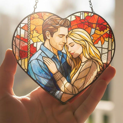 NAZENTI Custom Photo Stained Glass Suncatcher, Gifts for Valentine Birthday Anniversary, Personalized Couple Portrait Window Hanging for Him Husband Wife, Couple Keepsake Heart