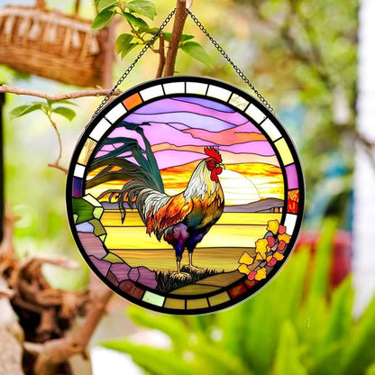 Rooster Hanging Stained Glass Sun Catcher,20cm/7.87inch Hand-Painted Sun Catcher Garden Hangings Christmas Mother's Day, Valentine's Day Ornaments Festival Gift